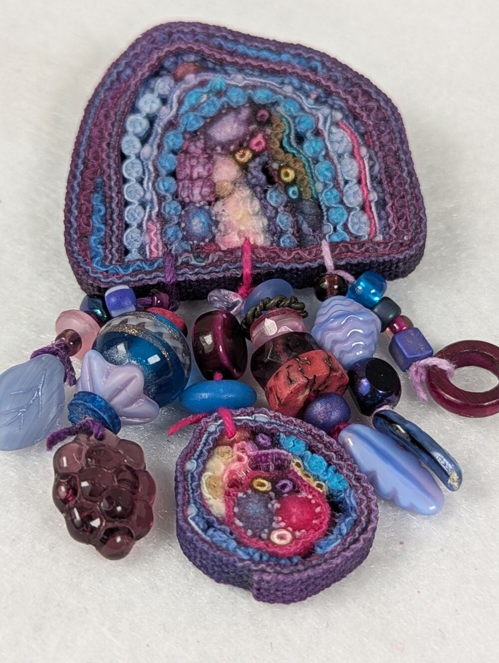 Handmade Fiber Art Pin Brooch - Mixed Media & Art beads- Juried Gallery Piece